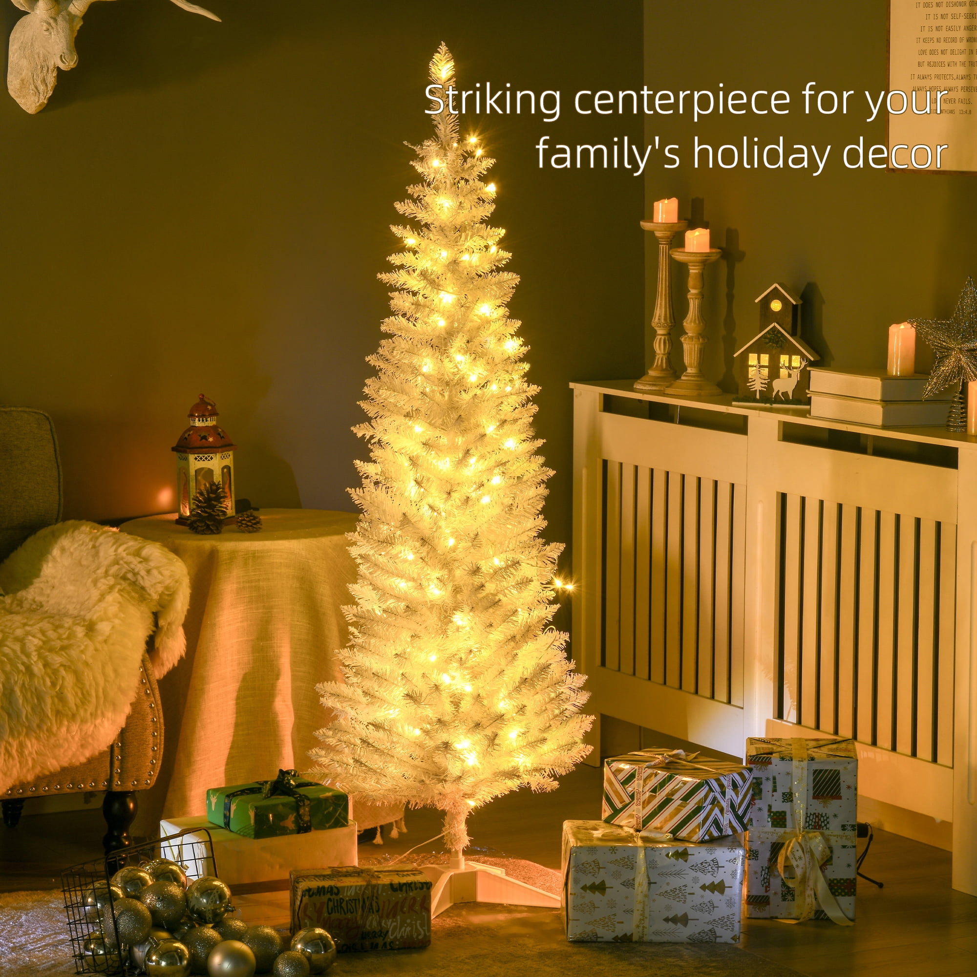 Astoutdoor 5 ft Pencil Christmas Tree with Warm White LED Lights, White, 294 Tips, Indoor Use