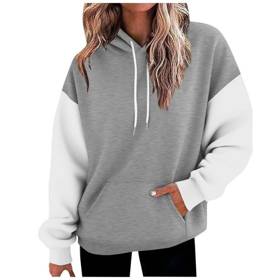 Fmbrln Womens Casual Color Block Hooded Sweatshirts Fall Winter Fashion Long Sleeve Hoodies Loose Comfy Pullover Tops with Pockets Gray M
