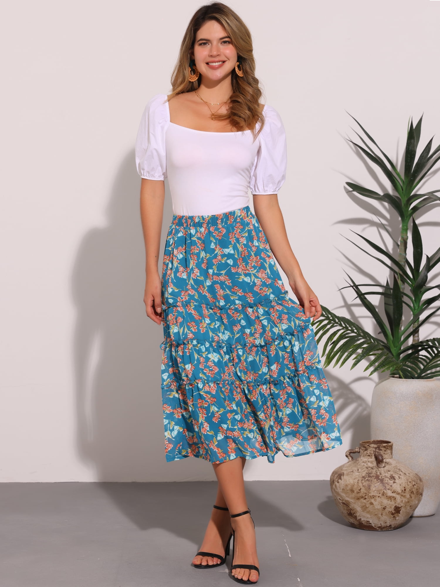 DARING DIVA Women's Chiffon Tiered A-Line Maxi Skirt S Lake Blue Flower