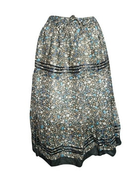 Mogul Women Gray Midi Skirt Floral Print Summer Comfy Lightweight Hippie A-Line Gypsy Skirts S/M