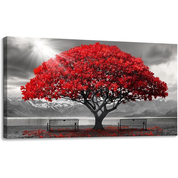 WFSposterRed Wall Art - Modern Framed Wall Art for Living Room - Red Tree Black and White Landscape Canvas Prints Posters & Prints for Home Office Bedroom Decorations - Large Wall Pictures