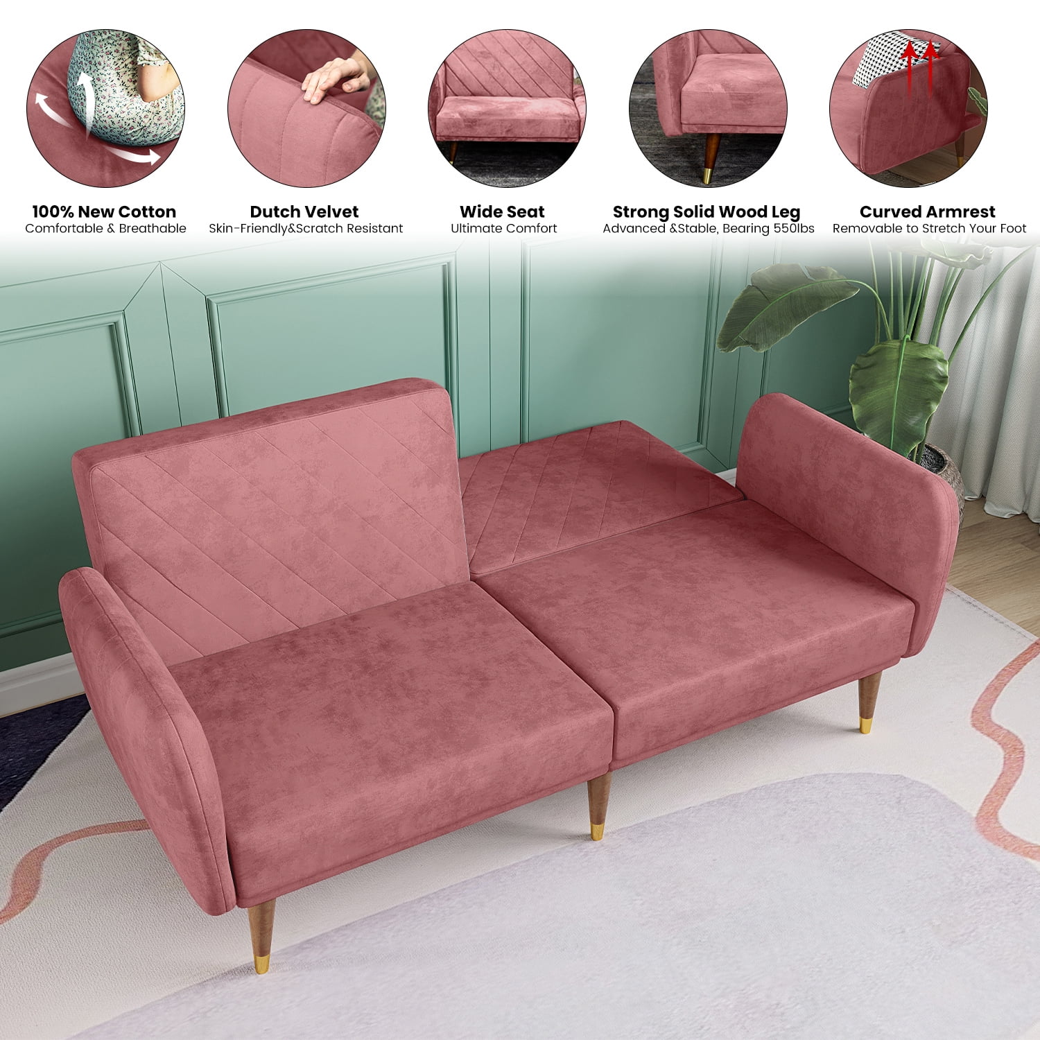 Resenkos Convertible 2-Seat Velvet Sofa Bed with Adjustable Backrest and Solid Wood Legs,Pink