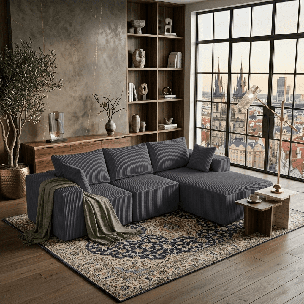 Aukfa 107" Modular Sectional Sofa, Corduroy Upholstered Deep Seat Couch with Right Chaise, Convertible Sleeper, Dark Gray