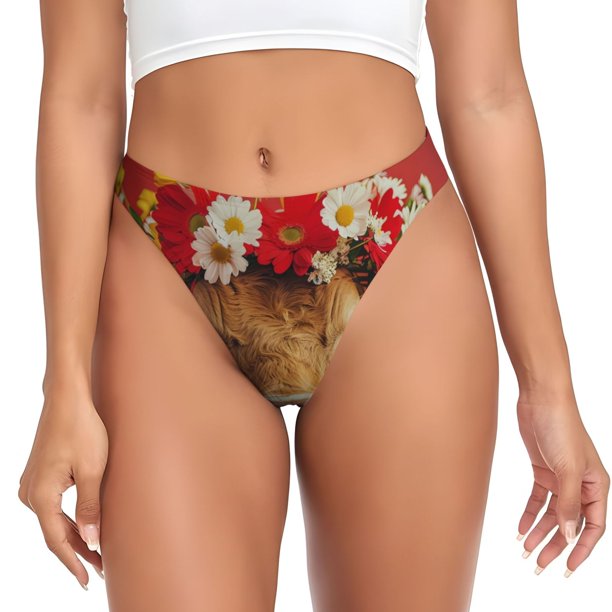 Fotbe White And Red Daisy Cow Tanga Sin Costuras para Mujer con Estampado – Panties Invisibles, Transpirables y Cómodos para Uso Diario-X-Large
