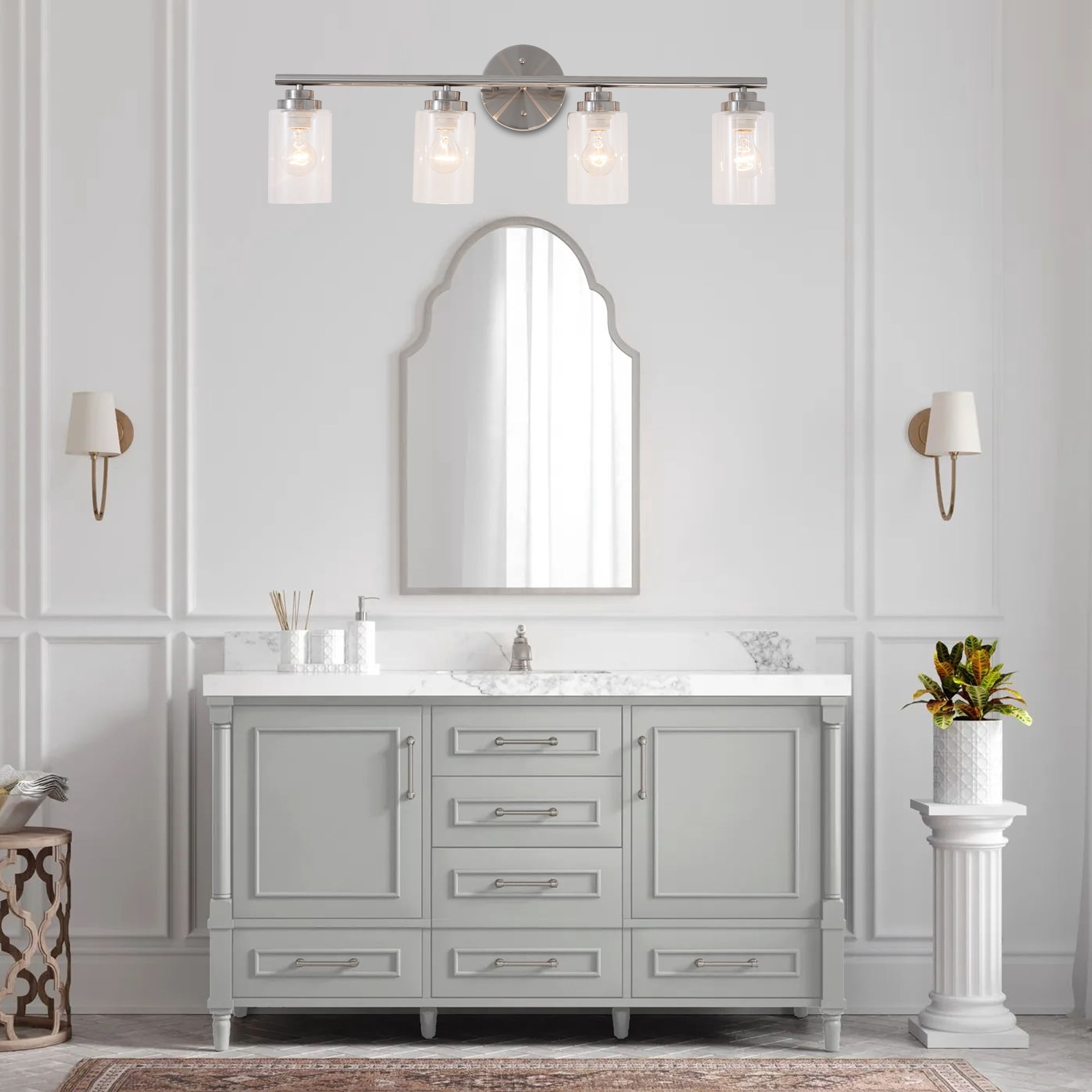 4-Light Bathroom Light Fixtures, Sand nickel color Modern Vanity Lights Over Mirror with Clear Glass Shade, Bathroom Wall Lamp for Mirror Kitchen Living Room Hallway Cabinet Porch Bedroom