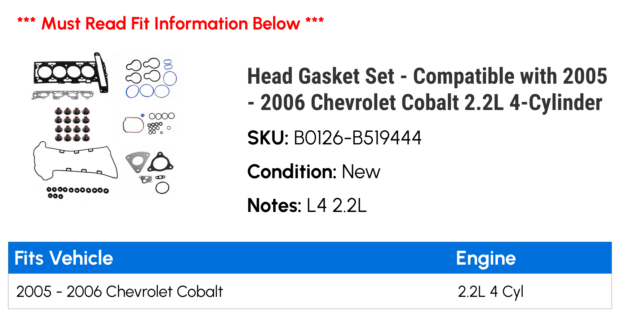 Head Gasket Set - Compatible with 2005 - 2006 Chevy Cobalt 2.2L 4-Cylinder