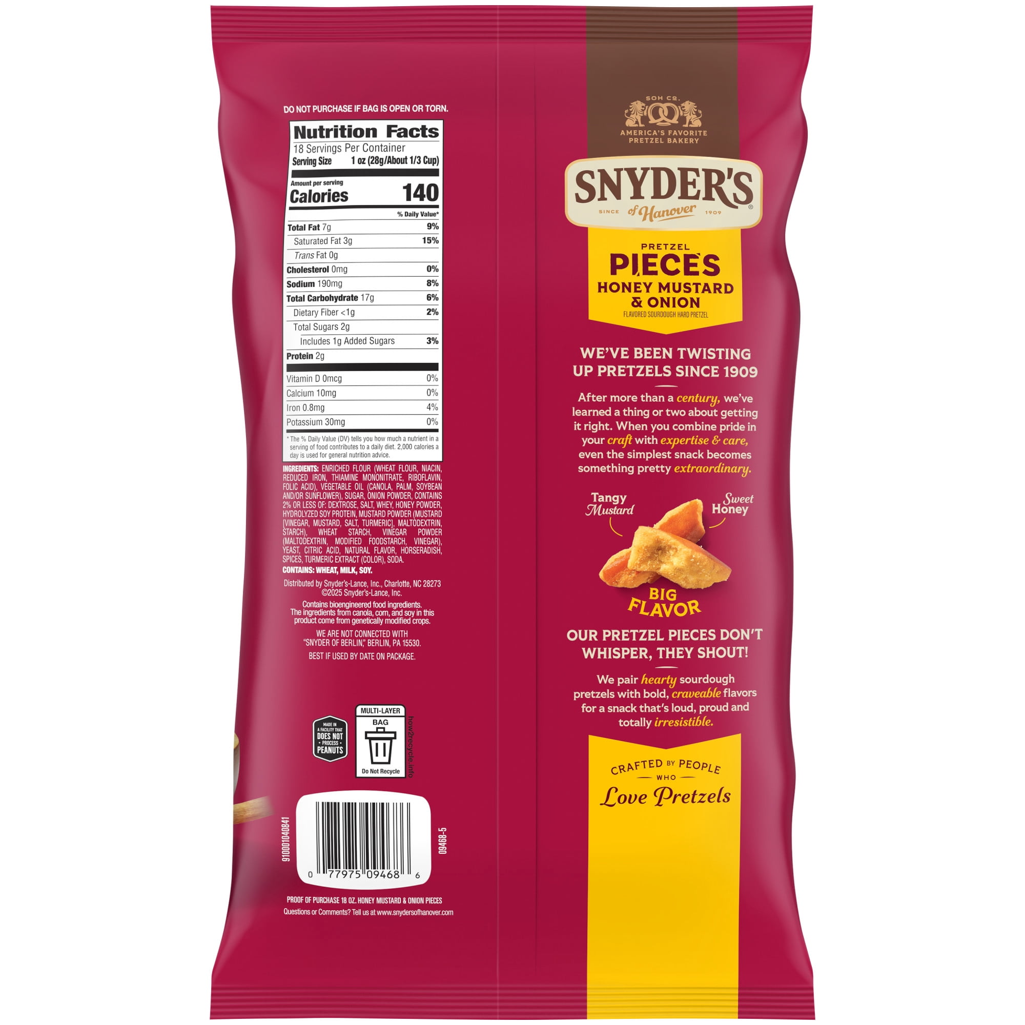 (3 pack) Snyder's of Hanover Honey Mustard & Onion Flavored Pretzel Pieces, 18 oz Bag