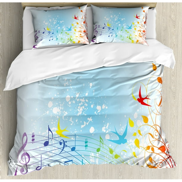 Music Note Duvet Cover Set Illustration Of Spring Scene With Flourishes Birds And Paint Blots Decorative Bedding Set With Pillow Shams Multicolor By Ambesonne Walmart Com Walmart Com