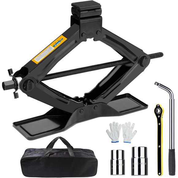 SHALL Scissor Jack Kit - 2 Ton (4409lbs) - Extended & Widened Base, 360&Acirc;&deg; Rotatable Rubber Pad - Tire Change Kit with Ratchet & L