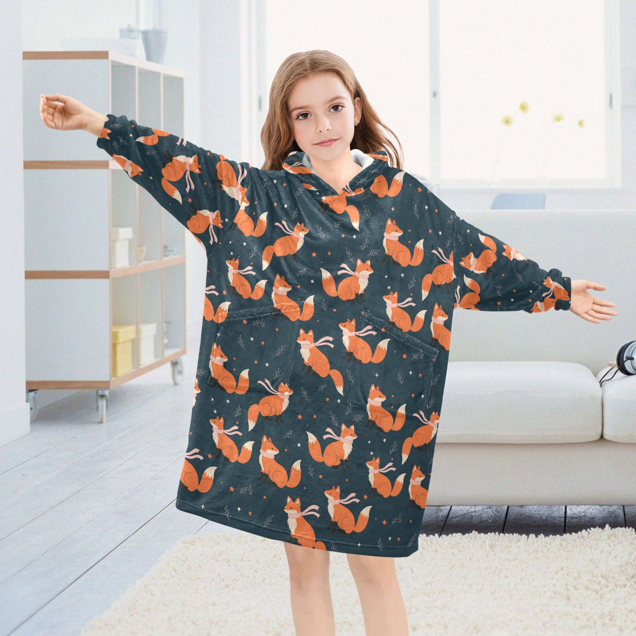 Wearable Blanket Hoodie for Kids Fox with Scarf Flannel Hooded Blanket with Pockets and Sleeves Suitable for Boys and Girls