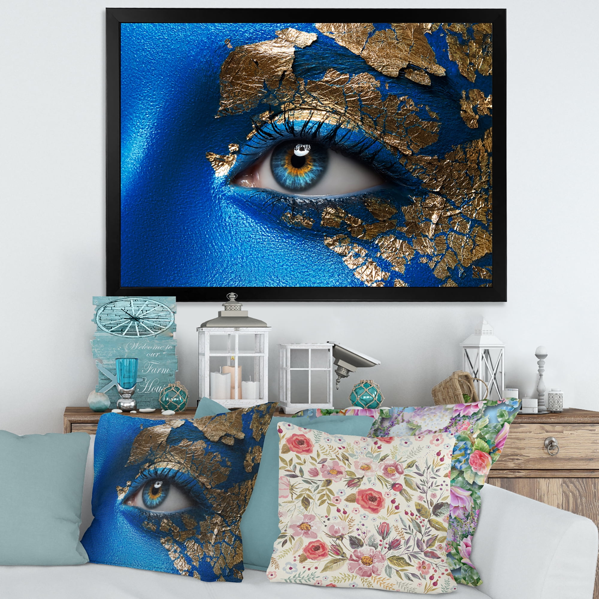 Designart 'Portrait of A Young Woman Model With Blue Make-Up' Modern Framed Art Print