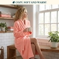 thumbnail image 5 of PAVILIA Plush Fleece Robe for Women, Soft Cozy Long Bathrobe with Satin Waffle Trim, Warm Lightweight Spa Robe, Housecoat with Pockets & Tie Belt, Coral Peach, S/M, 5 of 10