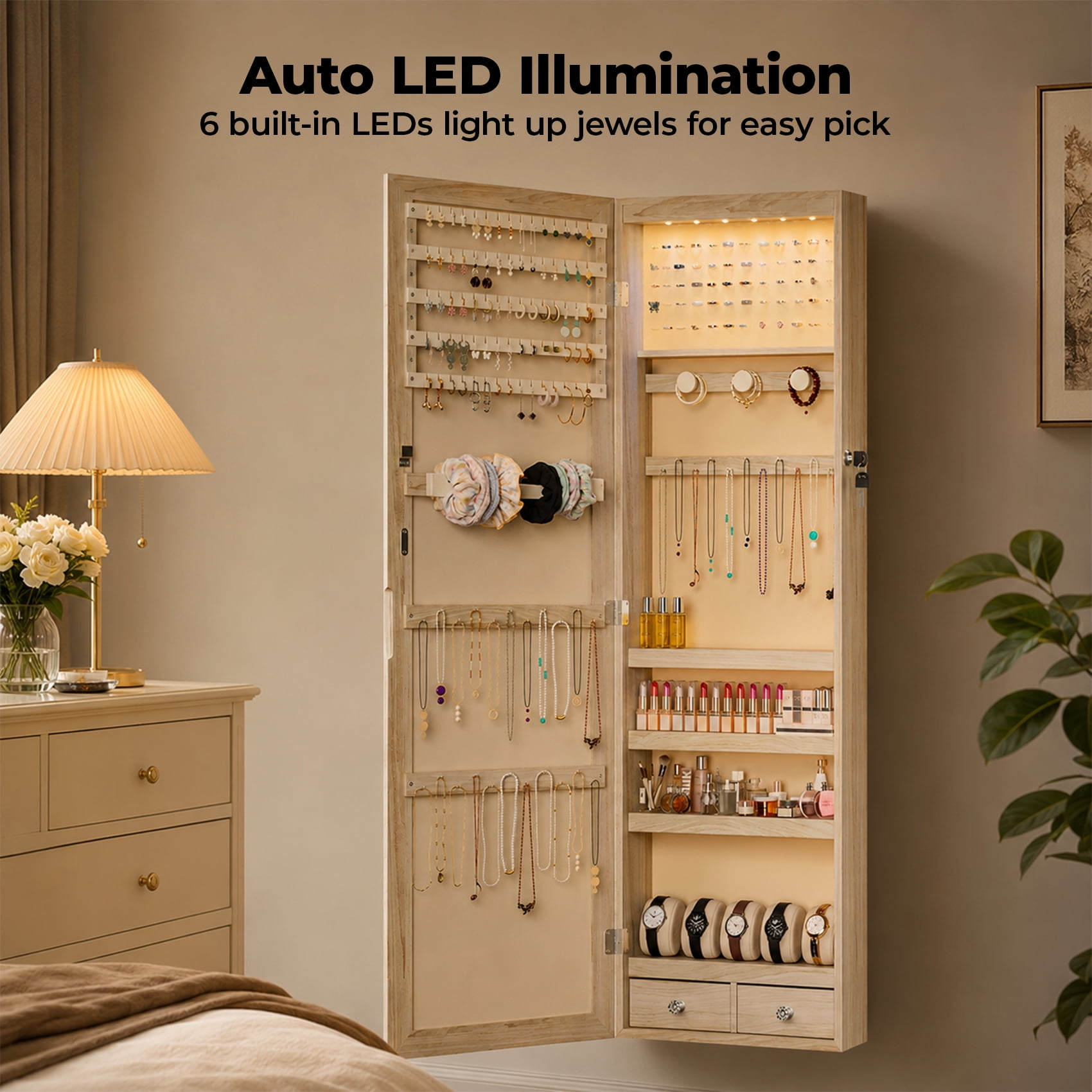 Alvantor Jewelry Organizers and Storage, 47.2-Inch Tall Lockable Wall or Door Mounted Jewelry Armoire Organizer with Mirror, 2 Drawers, 6 LEDs Mirror Jewelry Cabinet