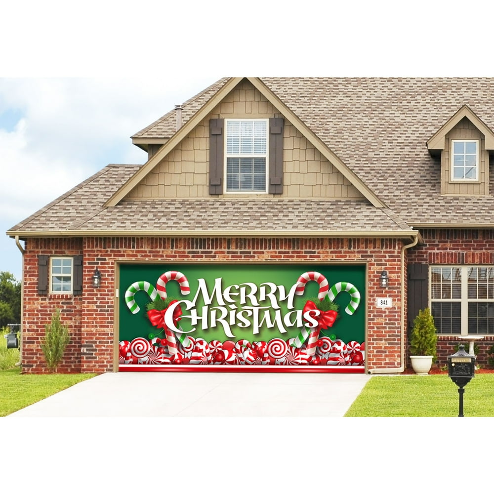 7' x 16' Red and Green "Merry Christmas" Outdoor Double Car Garage Door