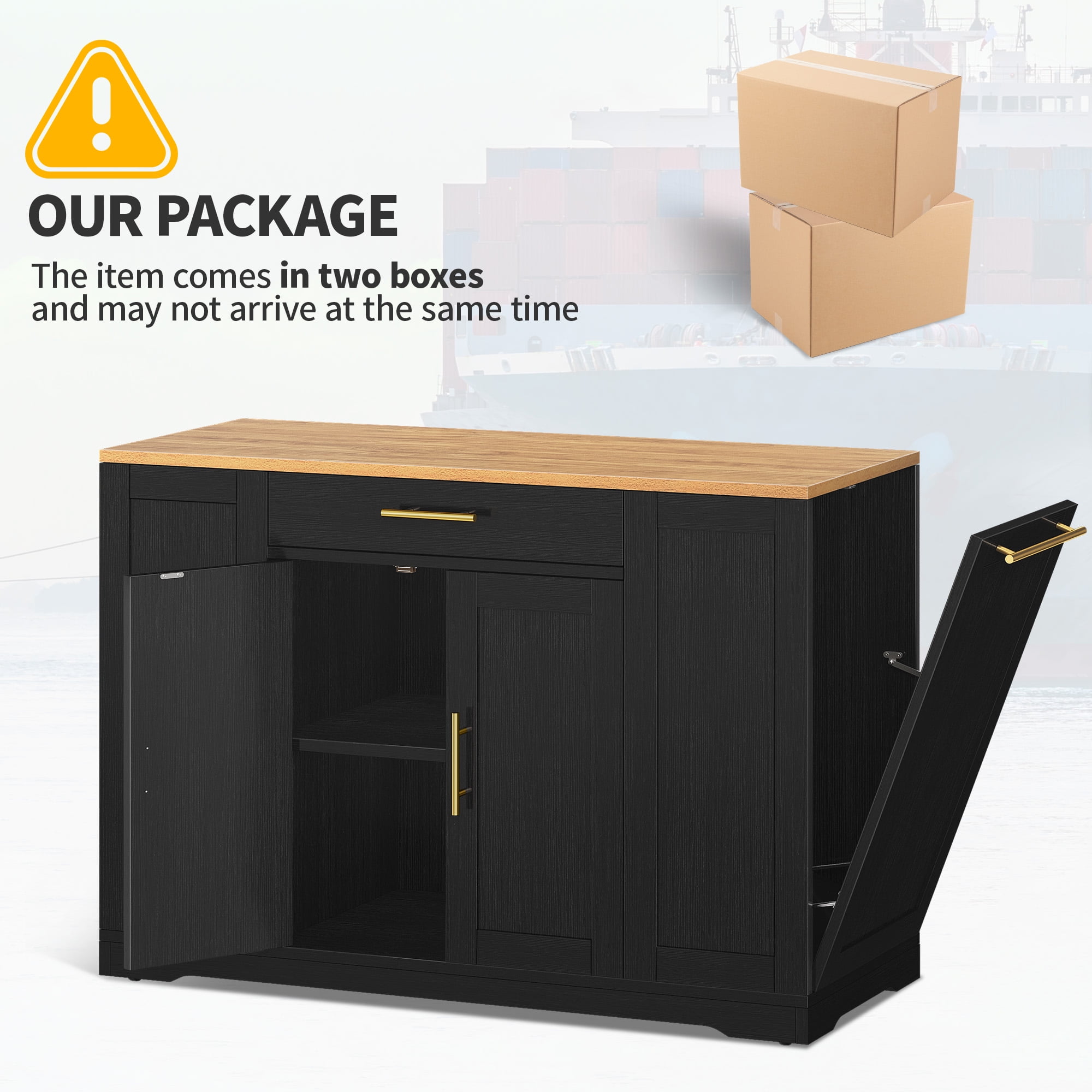 Uforic Rolling Kitchen Island with Wheels & Drawers, Kitchen Storage Cart with Storage Cabinet for 13-Gallon Trash Bin, Black