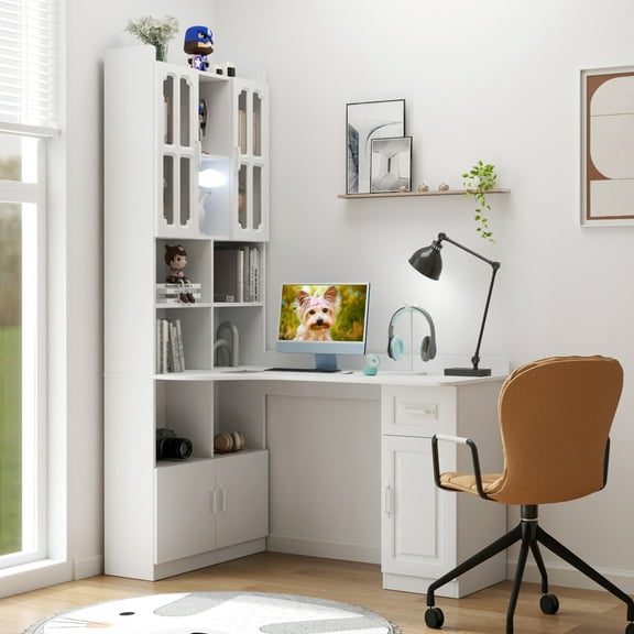 Noble House Florin 55" L-Shaped Corner Desk with Hutch, Modern Wooden Table with Bookshelf & Drawer, White