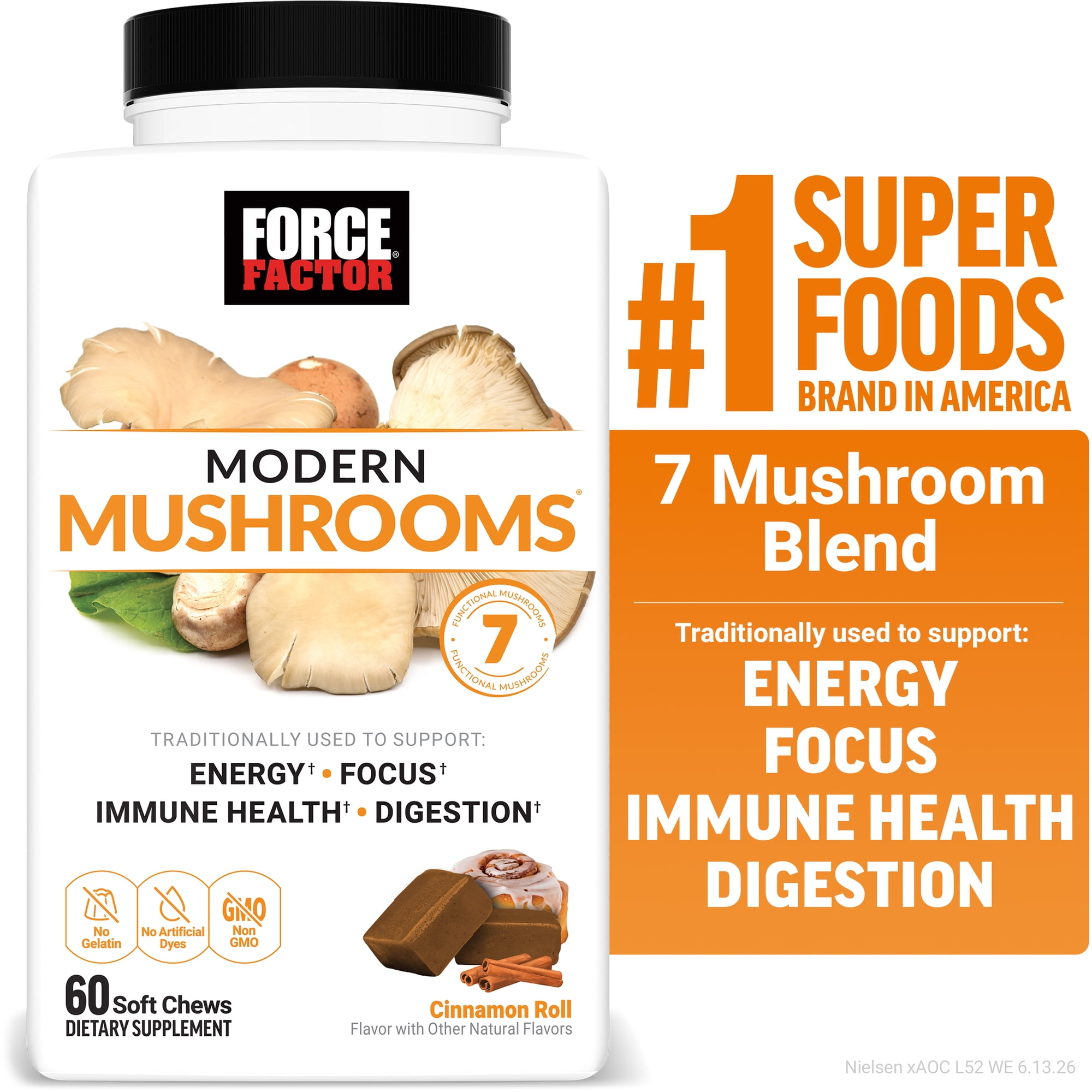 Force Factor Modern Mushrooms, Mushroom Supplement, Lion’s Mane, Cordyceps & Reishi for Energy Support, Focus, Digestion, Cinnamon Roll, 60 Soft Chews