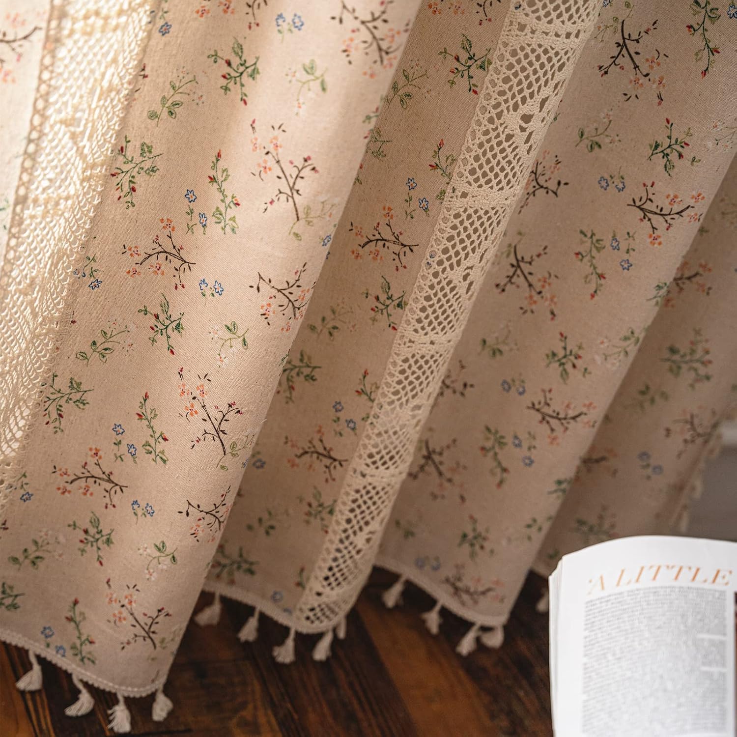 Vireellx Boho Curtains for Bedroom Living Room, Lace Hollow Crochet Stripes Blue Florals Print Cotton Linen Patchwork, Bohemian Green Tassel Semi-Blackout Window Farmhouse Drape