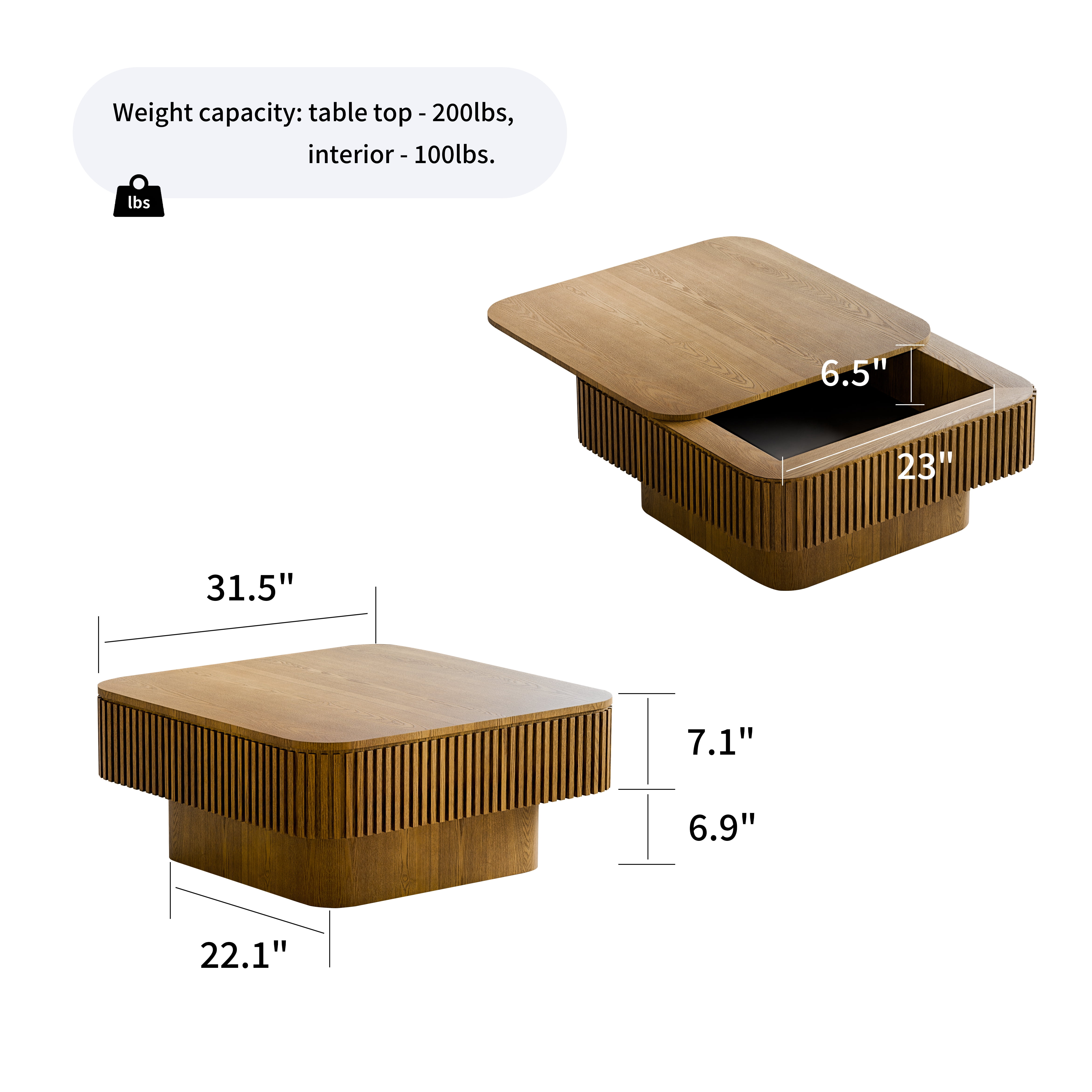 Homy Casa 31.5 in Warm Oak Square Coffee Table with Sliding Hidden Storage and Fluted Sides