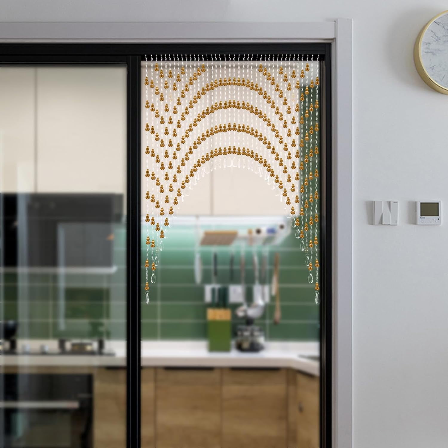 Arched Beaded Curtains, Hanging Glass Door Beads,Clear Crystal Room Partition Curtain Door Frame Beads Valance Self-Adhesive for Doorways Crystals Stran Arched Windows (Amber)