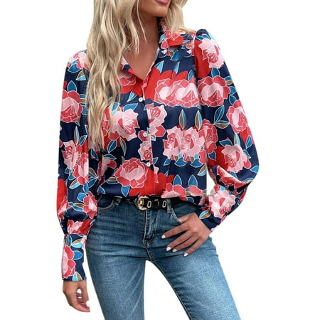 

KaLI_store Blouses for Women Womens Long Sleeve Blouses Dressy Casual Tops Chiffon Flowy Crewneck Ruffle Shirts Red L