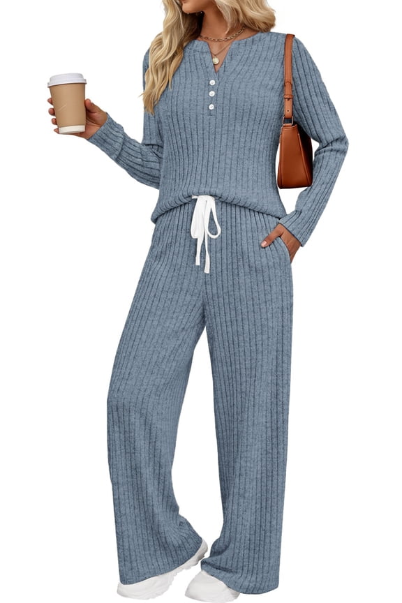 Two Piece Lounge Sets for Women Fall Travel Outfits Henley Neck Sweater tops Wide Leg Pants Matching Sets Pajamas Clothes