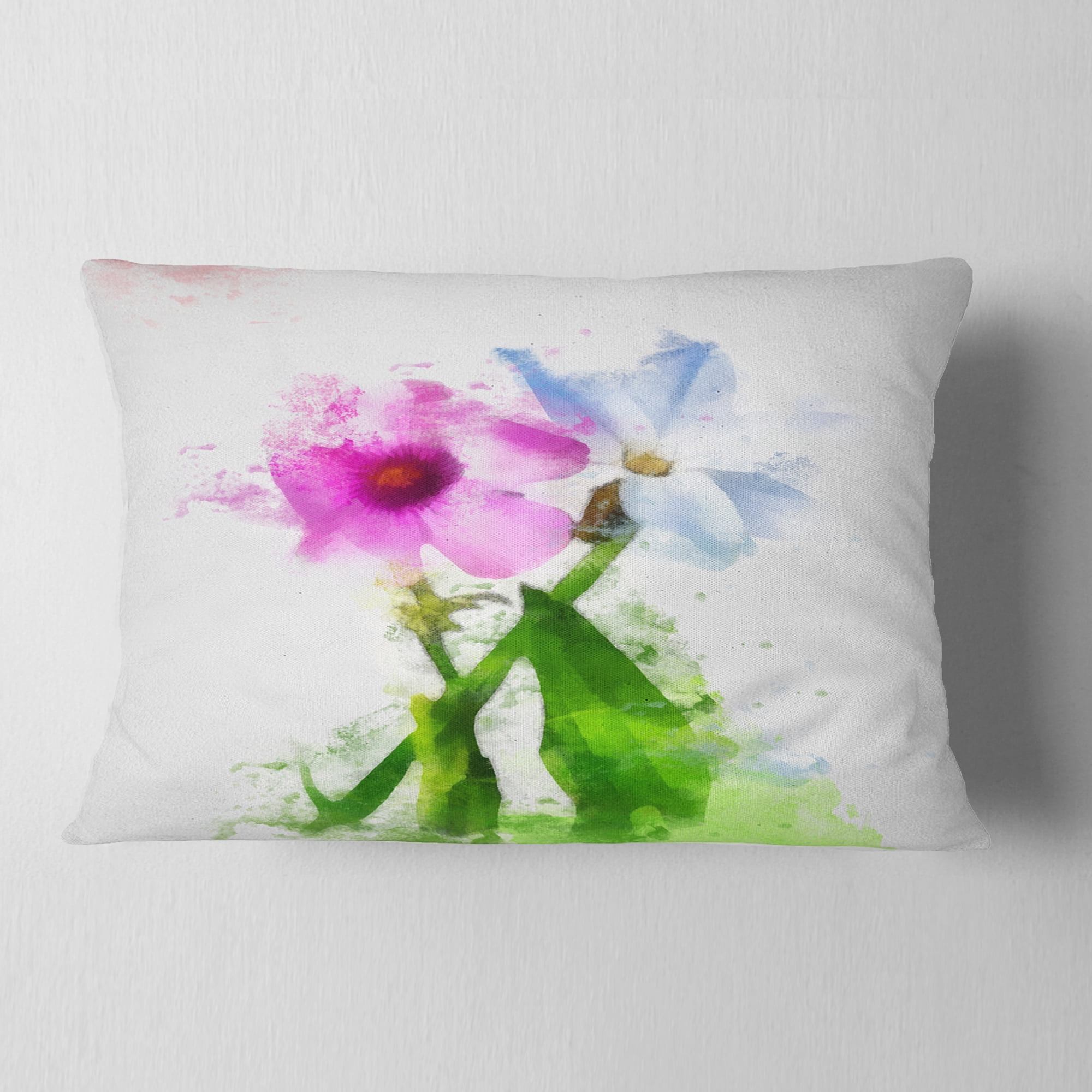 Designart Purple Mallow and Blue Chamomile - Floral Throw Pillow - 12x20