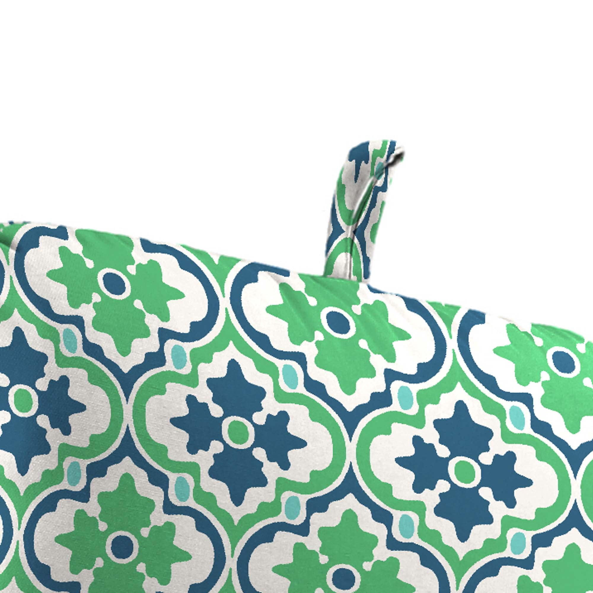 Jordan Manufacturing 45" x 22" Vesey Sea Mist Blue and Green Quatrefoil Rectangular Outdoor Chair Cushion with Ties and Hanger Loop