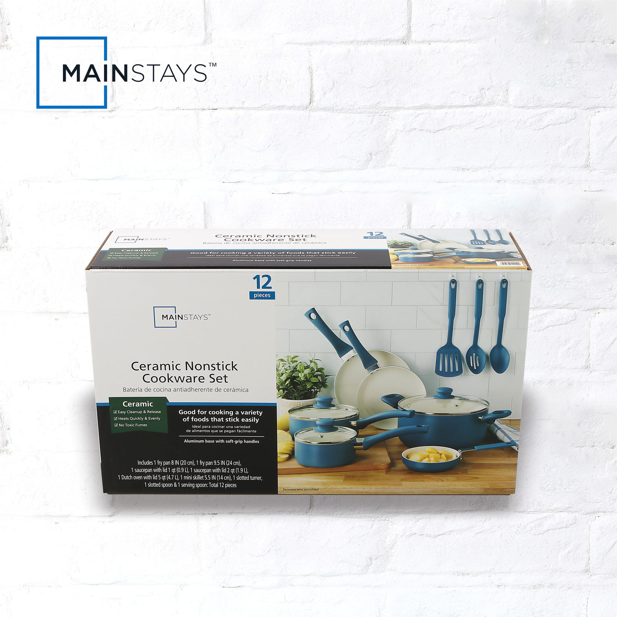 Mainstays 12 Piece Ceramic Nonstick Aluminum Pots and Pans Cookware Set, Blue