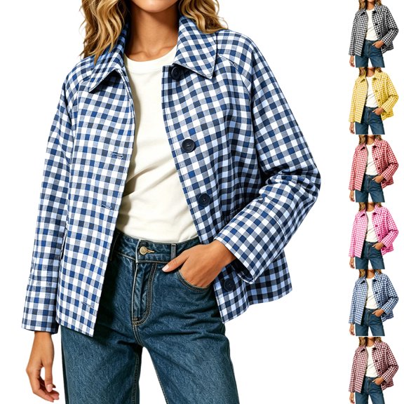 Plus Size Checkered Jackets for Women Turn-Down Collar Casual Loose Long Sleeve Short Side Pocket Coat Top