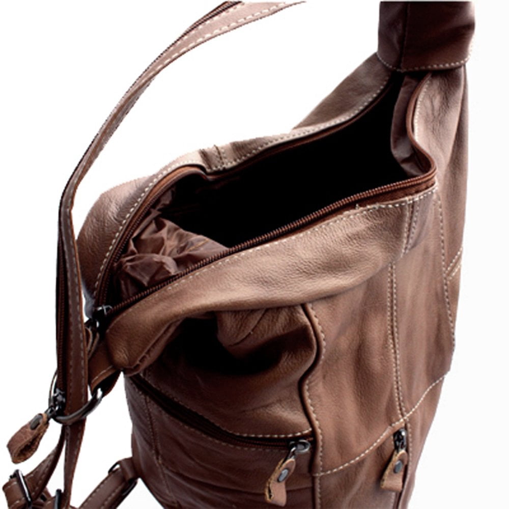 Women's Cowhide Leather Backpack Convertible Sling One Shoulder Large Bag Secure Entry 7 Pocket