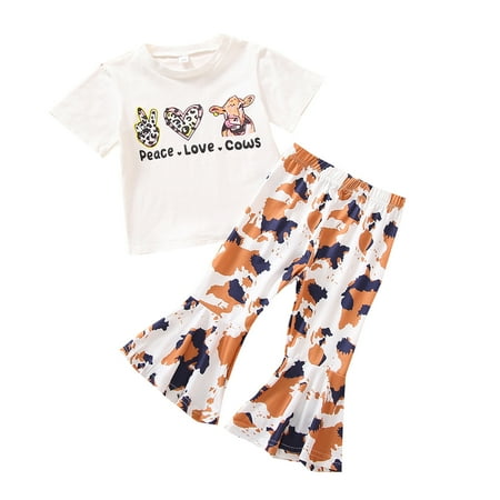 

Toddler Girls Short Sleeve Calf Lettering Print Top Cow Print Brown Bell Bottoms 2pcs Suit Outfits Baby Womens Clothes