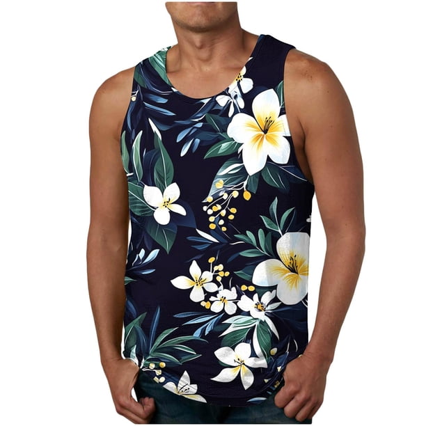Camiseta sin mangas de cuello redondo para hombre, estilo informal, con estampado hawaiano, sin mangas, deportiva, con cuello redondo