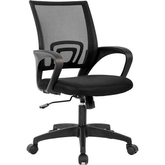 | Ergonomic Office Chair | Mid-Back Swivel Desk Chair | Breathable Backrest & Lumbar Support | Adjustable Height | Sponge Seat | Rolling Wheels | Dark Black | for Adults & Women