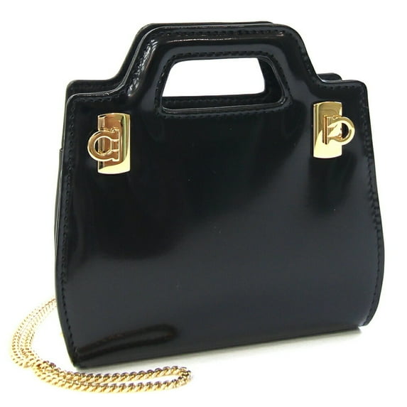 Pre-Owned Salvatore Ferragamo Gancini Wanda Micro Handbag 213984 Black Leather Chain Shoulder...