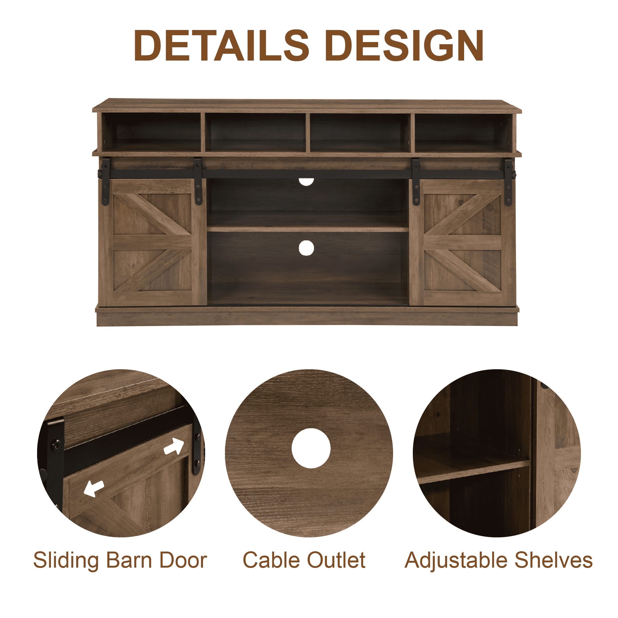 MAYEERTY TV Stand with Sliding Barn Door, 65” TV Entertainment Center, Brown