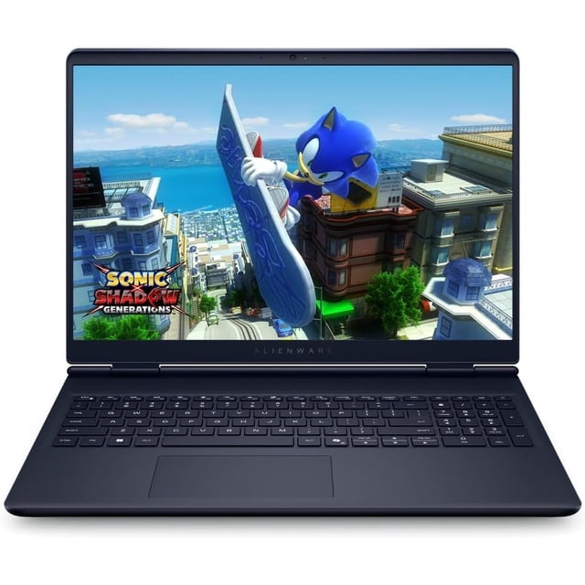 laptop gamer dell alienware aurora 16" qhd+ 120hz | core ultra 7 240h | 16gb ram | 1tb ssd | rtx 4060 8gb | teclado iluminado azul | windows 11 — Vista frontal 3/4 de la laptop azul con pantalla de 16" QHD+ mostrando un juego; biseles delgados, carcasa azul mate, teclado de isla con retroiluminación azul y touchpad centrado; también suele usarse para edición y streaming.