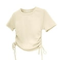 thumbnail image 2 of Viluyesy Girls T-Shirt, Crew Neck Summer Sweet Drawstring Waist Casual Daily Tee Beige 12T, 2 of 3