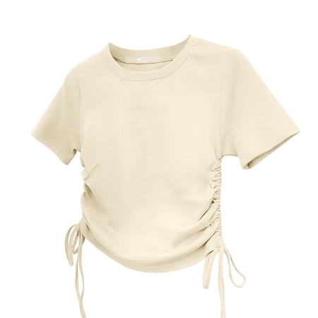 Efsteb Summer Shirts for Girls Waist Drawstrings Short Sleeve Shirt Fashion Round Neck Solid Color Casual Tops (Beige 13 Years)