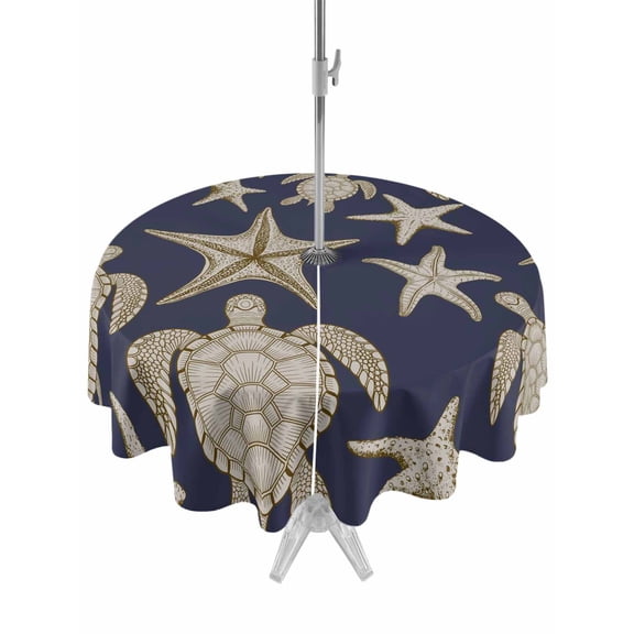 Outdoor Tablecloth with Umbrella Hole for Patio/Picnic/Party/Camping, Navy Blue Coastal Waterproof Table Cloth Round Cover Washable, Summer Beach Sea Turtle Starfish Nautical (Dia 54")