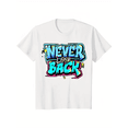 thumbnail image 1 of Camiseta de verano de algodón suave para hombre - Estampado de grafiti "NEVER LOOK BACK", manga corta informal, cuello redondo, blanca con letras coloridas, ligera y transpirable para uso informal, ta, 1 of 6