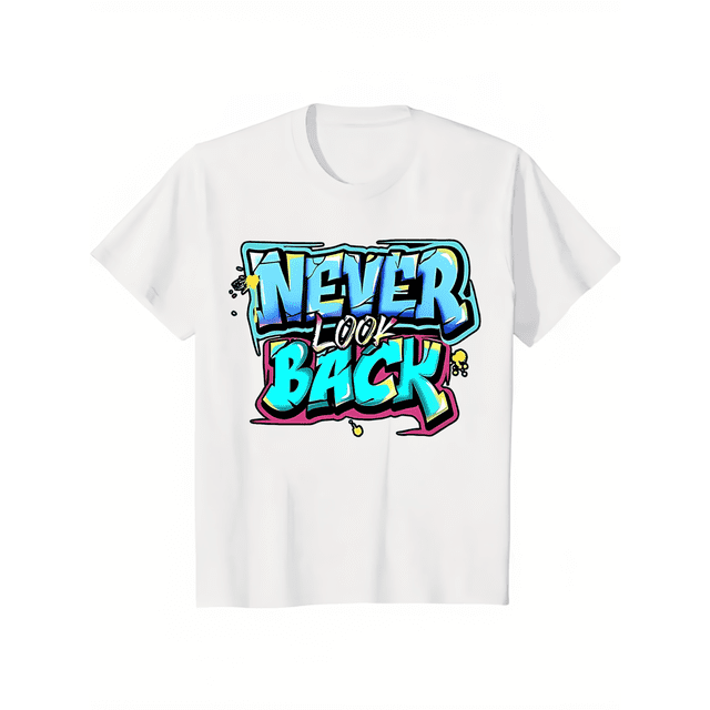 Camiseta de verano de algodón suave para hombre - Estampado de grafiti "NEVER LOOK BACK", manga corta informal, cuello redondo, blanca con letras coloridas, ligera y transpirable para uso informal, ta