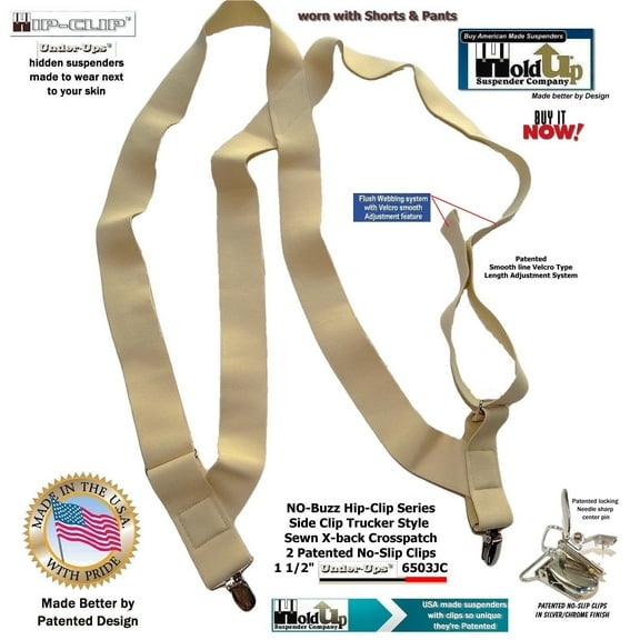 HoldUps Brands 2" Wide Under-Up Series Light Beige Suspender Hip Clip Style With Patented No-slip Clips