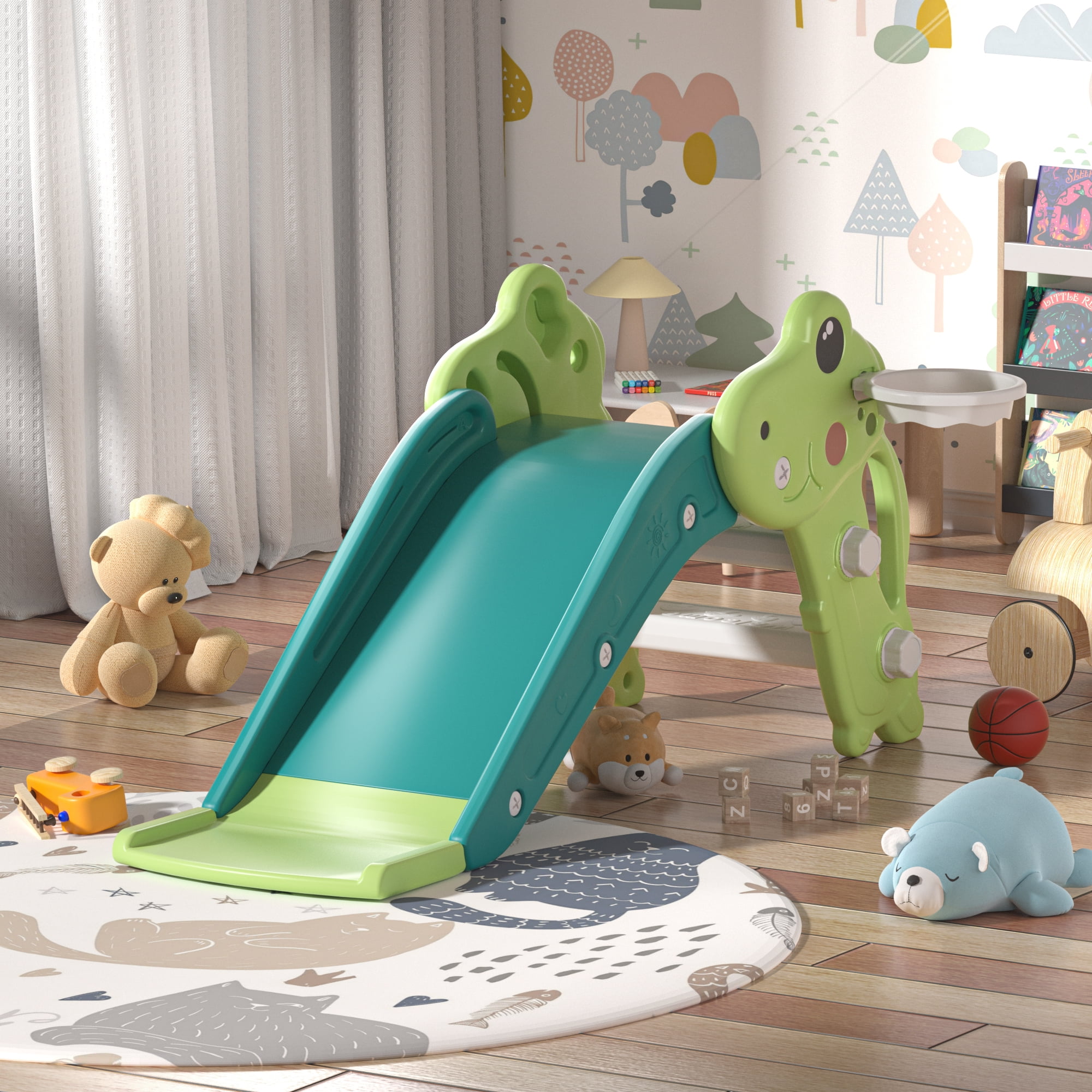 Kadyne 3 in 1 Toddler Slide Kids Slide, 42.9" Frogs Play Slide for Outdoor and Indoor, Play Slide with Basketball Hoop, Ball and Ladder, Green Kadyne 3 in 1 Toddler Slide Kids Slide, 42.9" Frogs Play Slide for Outdoor and Indoor, Play Slide with Basketball Hoop, Ball and Ladder, Green
