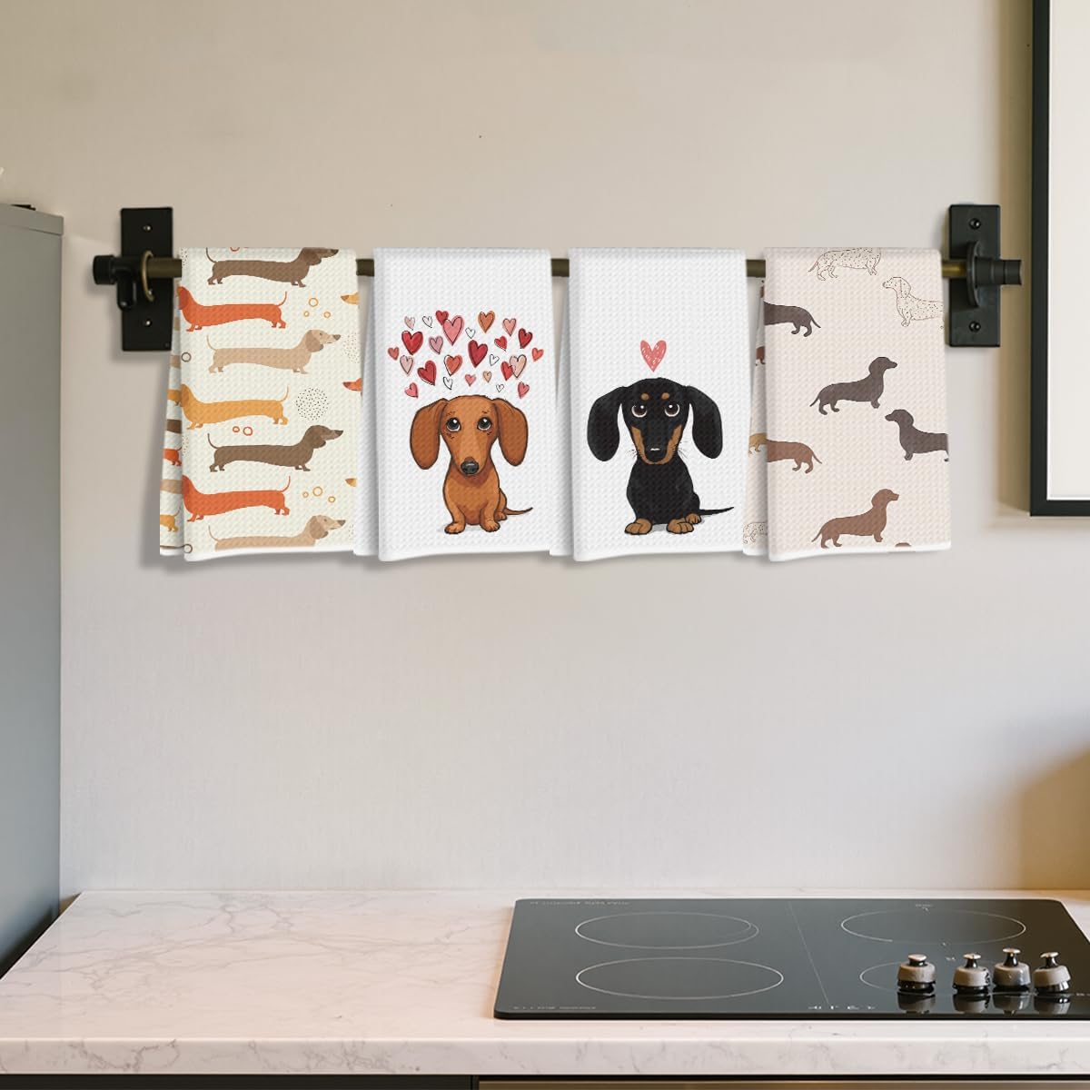 4 Pcs Dachshund Kitchen Towels 24x14 Inch, Dachshund Gifts Reusable Dish Towels for Kitchen Bathroom Decor, Waffle Weave Absorbent Hand Cloth Tea Towel, Cute Weiner Dog Gifts for Women Mom Friend