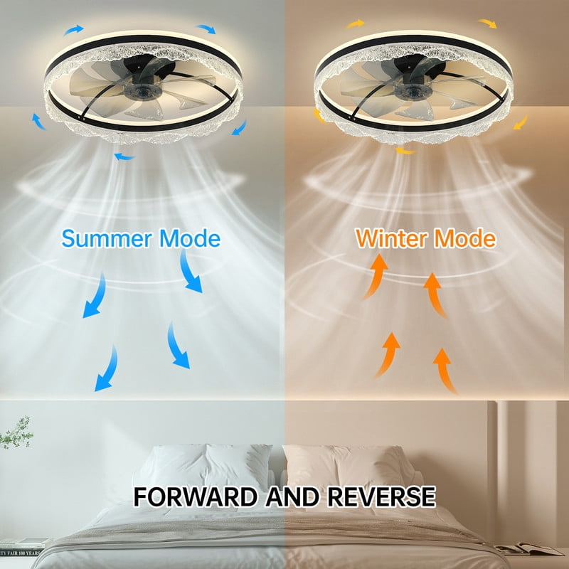 TICOZE 24" Flush Mount Ceiling Fan with Light - Ultra Quiet Crystal LED Fan Light with Hidden Blades, Remote/APP Control & Dimmable 3-Color Lighting for Bedroom, Living Room
