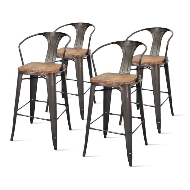 Metropolis Metal Arm Bar Stool With Wood Seat (Set of 4), Multiple Colors