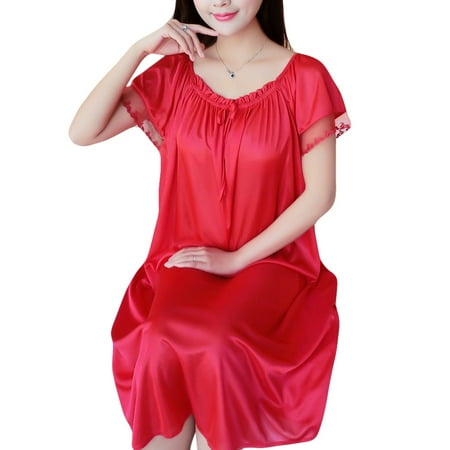 

Womens Summer Lace Ice Silk Nightdress Short Sleeve Loose Plus Size Nightgown XL