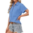 thumbnail image 4 of Fantaslook Womens Button Down Shirts Cotton Linen Short Sleeve Shirt Lapel Work Blouses Casual Summer Tops with Double Pockets, 4 of 11