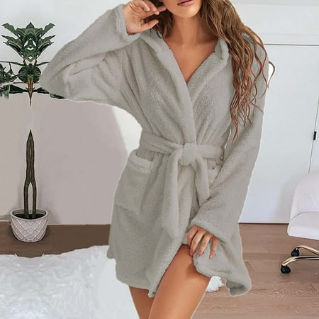 

EQWLJWE Womens Plush Robe Fleece Long Warm Bathrobe Hooded/Shawl Collar with Two Large Front Pockets